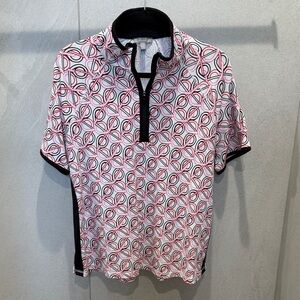 Talbots Pink & White Geometric Short Sleeve Polo with Black Trim